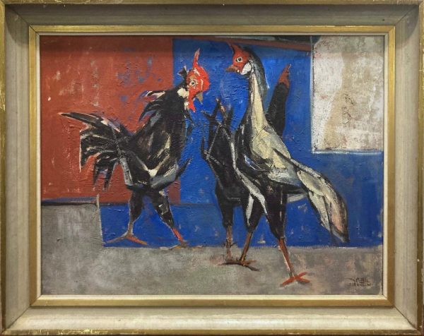 ציור מדהים של האמן יעקב אייזנשר - תרנגולים, ציור לבית, ציור למשרד, שמן על בד 45/61 ס״מ, כולל מסגרת. ART2RENT - ציורים לבית ולמשרד.