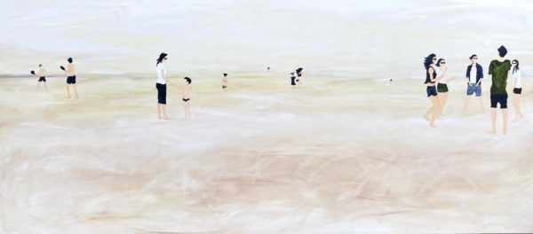 ציור מיוחד מתאר סצנה בחוף של אנשים. ציור מלא תוכן ותנועה. מטיילים בחוף תל אביב
